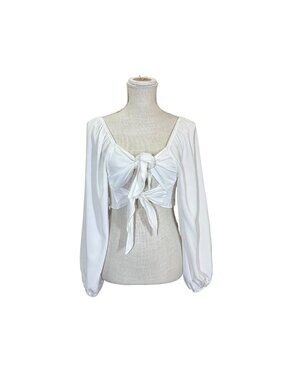 Sabo White Long Puff Sleeve Front Tie Crop Top Small